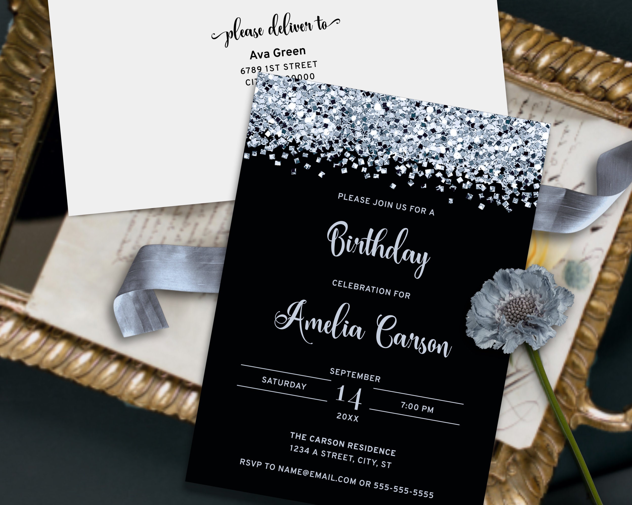 Black and Silver Birthday Invitation Template Printable Glitter Black and Silver Birthday Invitation Template Printable Glitter
