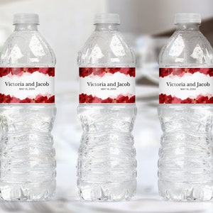 Wedding Water Bottle Labels with Red Roses and Red Watercolor, Romantic Valentine&#39;s Day Wedding Bottle Label
