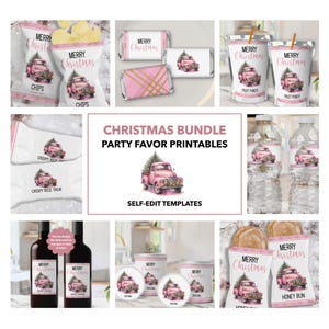 Puede incluir: Etiquetas de regalo de fiesta de Navidad imprimibles con un camión rosa con un árbol de Navidad y el texto "Feliz Navidad". Las etiquetas están diseñadas para varios favores de fiesta, que incluyen papas fritas, dulces, bollos de miel, botellas de agua y botellas de vino.