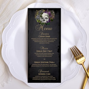 Wedding Menu Printable Template with a Masquerade Skull of Purple Flowers and Black Roses, Dark Gothic Halloween Wedding Editable Menu