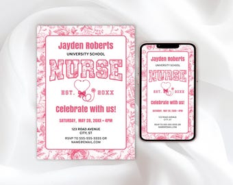 Pink Nurse Graduation Invitation Template – Pink Toile Graduation Announcement, Grad Party Invite with Cute Pink Bow and Stethoscope