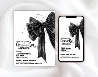 Black Bow Graduation Invitation Template — Grad Party Celebration Invite, Editable College or High School Announcement, Modern Black Ribbon