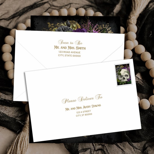 Goth Wedding Envelope Templates in Gold Lettering to match the Masquerade Skull of Purple Flowers & Black Roses Wedding Suite or Bundle PM2