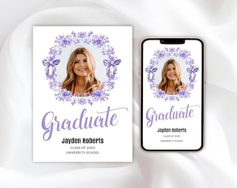 Purple Graduation Invitation Template – Floral Toile Photo Announcement, Printable High School or College Grad Party Invite
