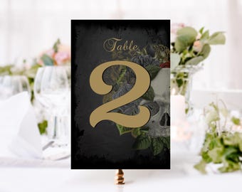 Table Numbers with a Goth Masquerade Skull of Burnt Orange Flowers & Black Roses, Gothic Halloween Wedding Table Number Template