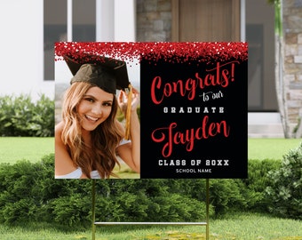Graduation Yard Sign Template - Photo Lawn Sign, Red and Black Graduation Party Decor, Glitter Grad Sign, High School or College, Class Of