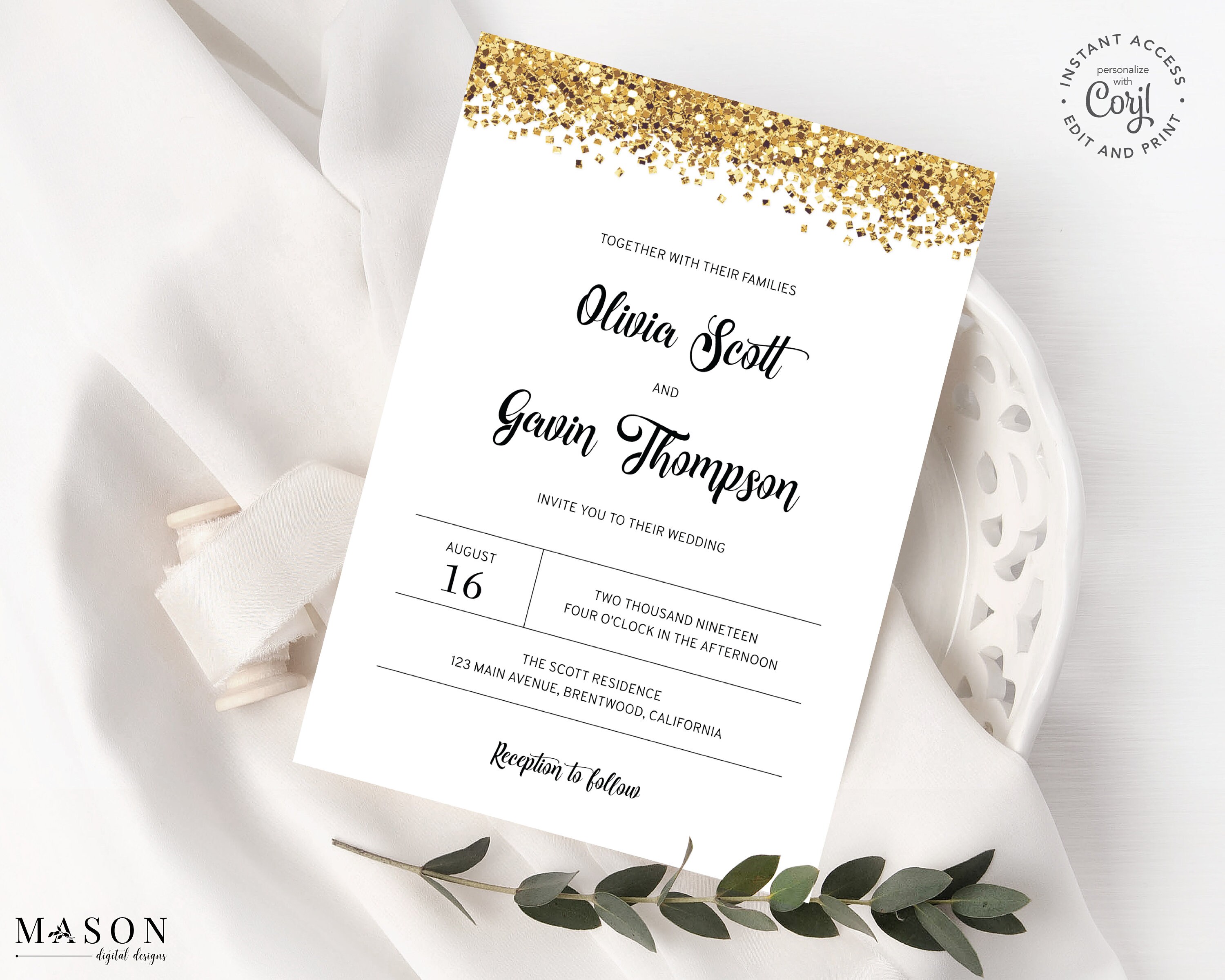 Gold Wedding Invitation Template Glitter Wedding Invitation - Etsy