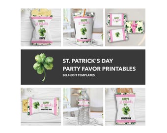 St. Patrick's Party Printables Templates, Cute Pink and Clover Design Chip bag wrapper, Water Bottle Labels and More