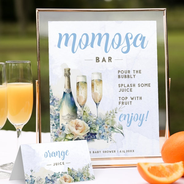 MOMOSA BAR SIGN, Blue Baby Shower Sign for Mimosa Bar, Mom-osa Bar Sign for Boy Baby Shower, Mimosa Bar Sign with Blue Flowers and Champagne