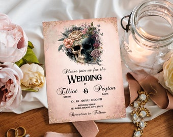 Gothic Wedding Invitation Suite Templates with a Pink Floral Skull, DIY Editable Boho Goth Invite, RSVP, Details, Thank You, Belly Band G1