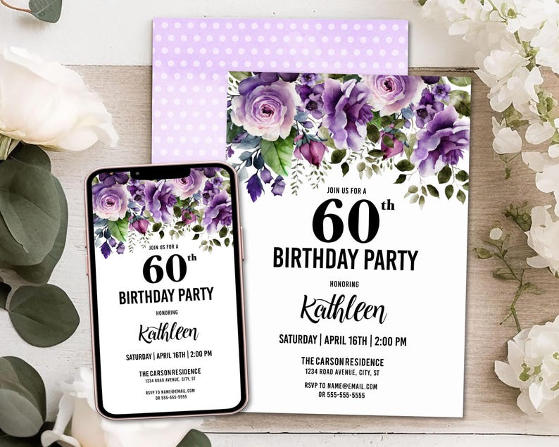 Purple Flowers Birthday Party Invitation Template, Printable and