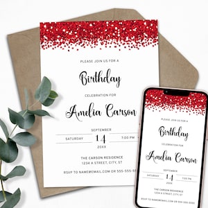 Red Birthday Party Invitation, Sparkling Glitter Invite for a Glam Birthday Celebration, Printable and Digital E-Invite Templates