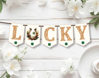 St. Patrick's Day Banner Template with Gold Glitter Lettering and a Lucky Horseshoe, Instant Download Party Decoration for Holiday
