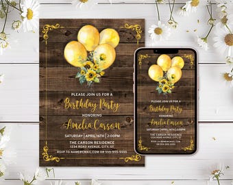 Yellow Balloon, Sunflowers, and Rustic Barn Wood Birthday Party Invitation Template, Printable & E-Invites for Party Celebration, Envelope