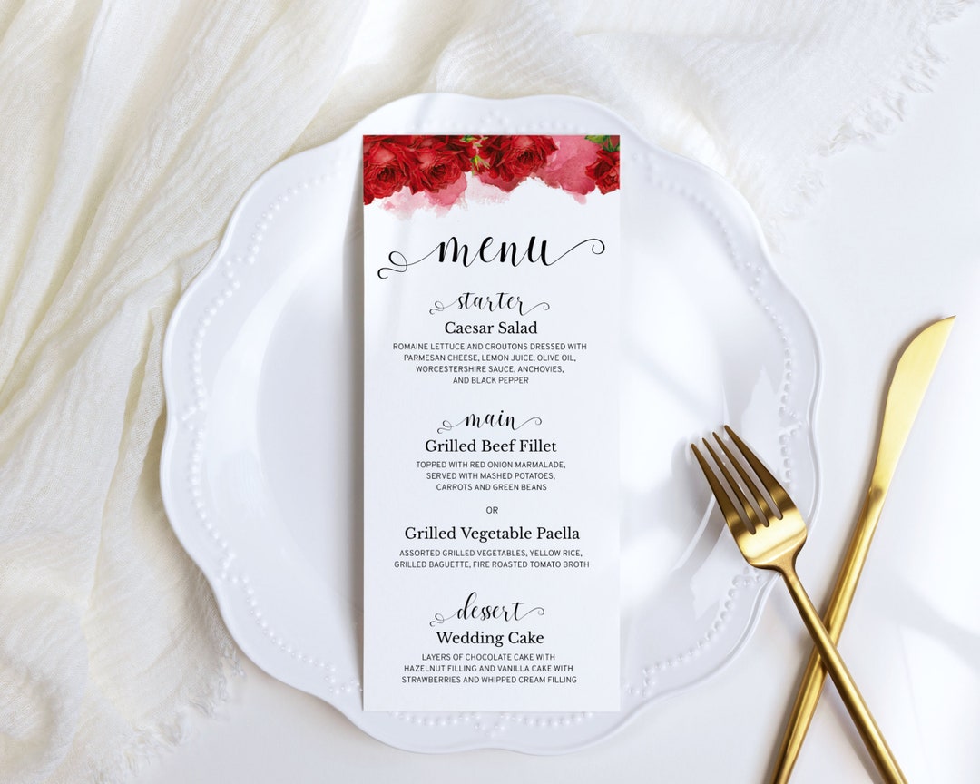 Wedding Menu Printable Template With Red Roses and Red Watercolor ...