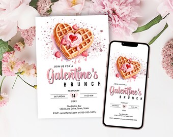 GALENTINE'S BRUNCH INVITE with a Heart-Shaped Waffle, Cute Valentine's Invitation with a touch of sparkle, Printable & E-invite Templates