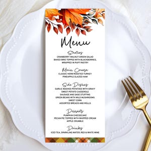 Thanksgiving Menu Template Set with Beautiful Autumn Leaves and A Fall Plaid Border, Menu Sign, Buffet Cards, & Place Cards Templates