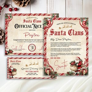 Letter from Santa Claus Bundle with Nice List Certificate & North Pole Envelope, Festive Personalized Santa Return Letter Self-Edit Template