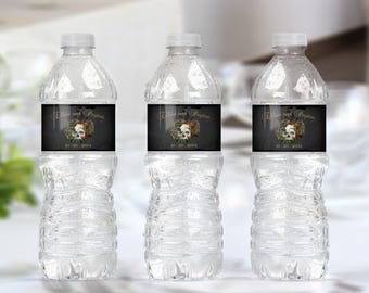 Water Bottle Labels with a Goth Masquerade Skull of Burnt Orange Flowers and Black Roses, Dark Gothic Halloween Wedding Bottle Label