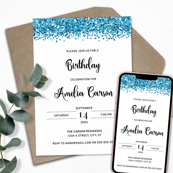 Teal Blue Birthday Party Invitation, Sparkling Glitter Invite for a Glam Birthday Celebration, Printable and Digital E-Invite Templates