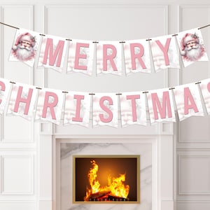 Christmas Flag Banner Template with a Festive Santa Claus in Pink, adorned with a Sprig of Holly, Download and Print Banner, Editable Banner