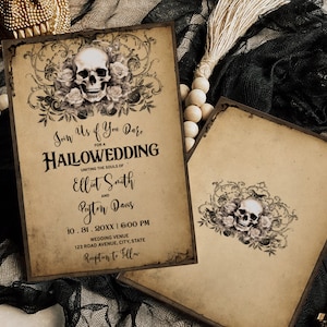 Vintage Halloween Wedding Invitation Suite, Wedding Invite Template with Antique Frame, Skull with Roses over Old Aged Parchment Paper