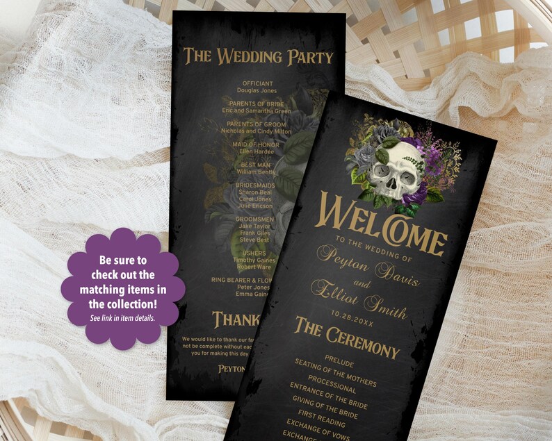 Goth Wedding Program Template With a Masquerade Skull of Purple Flowers ...