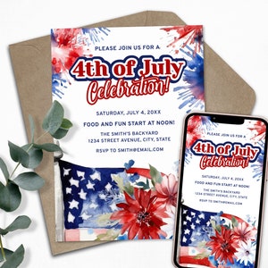 4TH of JULY INVITATION, Red White Blue Patriotic Invitation, Fireworks Flowers and Flag BBQ Printable Party Invite and Digital E-Invite