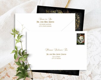 Goth Wedding Envelope Templates in Gold Lettering to match the Masquerade Skull of Burnt Orange Flowers & Black Roses Wedding Suite/Bundle