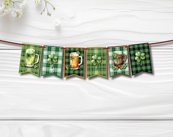 St. Patrick's Day Banner Template, Beer & Clovers Over Plaid Designs, Instant Download Party Printables for Celebrations and Gatherings