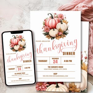 Thanksgiving Invitation Template with Pink and White Pumpkins, Pink Flowers, and Fall Leaves, Printable & Phone Invite Templates