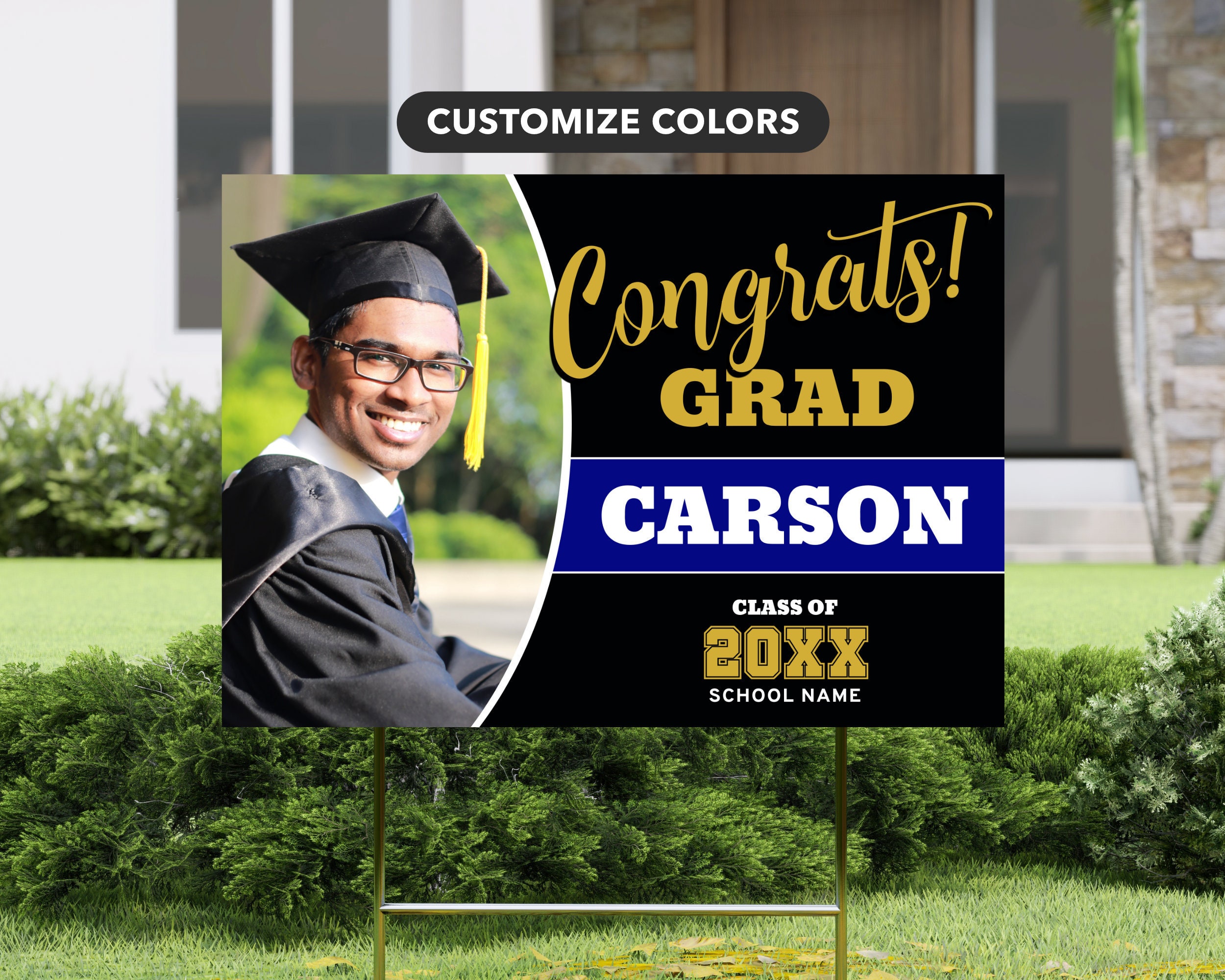 Grad Sign Templates Graduation Yard Sign | Photo Lawn Sign Template, Gold, Black and Blue ...