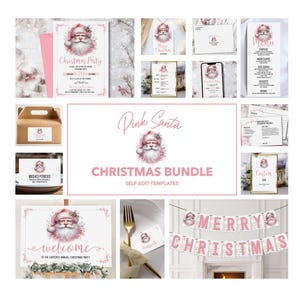 Christmas Invitation Template Bundle with a Festive Santa Claus in Pink, adorned with a Sprig of Holly, Menu, Banner, Signs, Name Card
