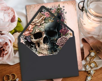 Forros de sobres de boda con una calavera floral rosa, plantillas de forros de sobres imprimibles boho góticos de descarga instantánea