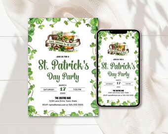 St. Patrick's Day Party Invitation Template, Eat Drink and Be Irish - Beer Mugs and Clover Design, Printable and Digital Templates