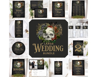 Gothic Wedding Invitation Templates Bundle – Floral Skull with Burnt Orange Flowers & Black Roses, Goth Alternative Wedding Romance