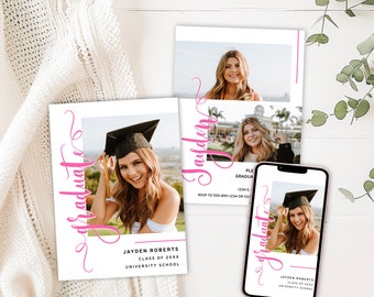 Photo Graduation Invitation Template, Pink Graduation Printable Invite, High School or College Announcement, Editable Electronic Graduation