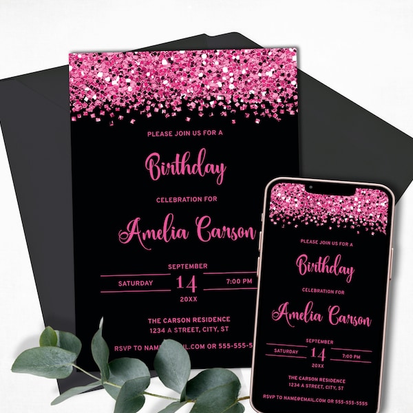 Black and Hot Pink Birthday Invitation Template, Printable Glitter Invitation for Birthday Party, Glam Hot Pink Confetti Invite, E-Invite