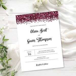 Burgundy Wedding Invitation Template, Glitter Wedding Invitation with Sparkling Burgundy Glitter