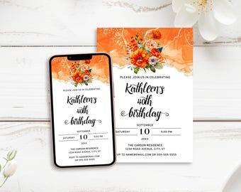 Orange Gold Agate Birthday Invitation Template: Florals and Watercolor (Printable & Phone Invite)