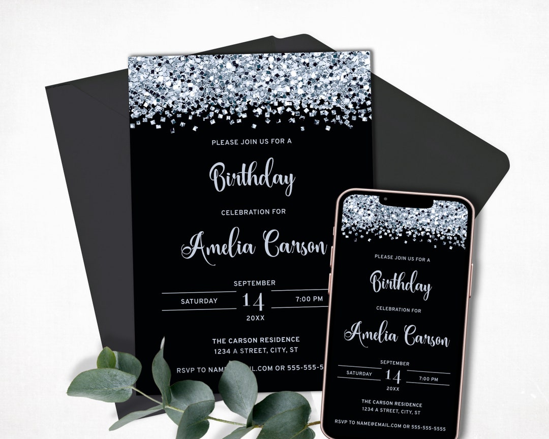 Black and Silver Birthday Invitation Template Printable Glitter Black and Silver Birthday Invitation Template Printable Glitter