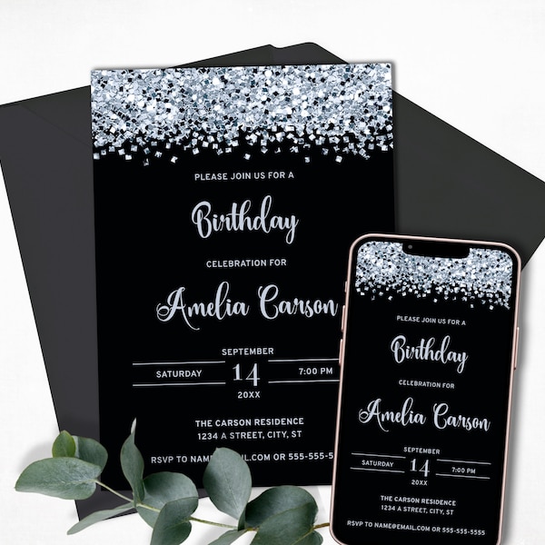 Black and Silver Birthday Invitation Template, Printable Glitter Invitation for Birthday Party, Glam Silver Confetti Invite, E-Invite