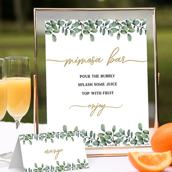 MIMOSA BAR SIGN, Eucalyptus Mimosa Bar Sign Template for Wedding, Bridal Shower or Brunch, Editable and Printable Greenery Bubbly Bar Sign