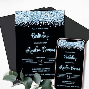 Black and Light Blue Birthday Invitation Template, Printable Glitter Invitation for Birthday Party, Glam Blue Confetti Invite, E-Invite