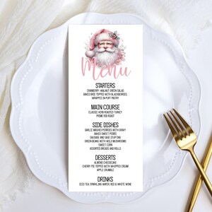Christmas Menu Template Set with a Festive Santa Claus in Pink, adorned with a Sprig of Holly, Buffet Menu and Tent Cards, Place Card