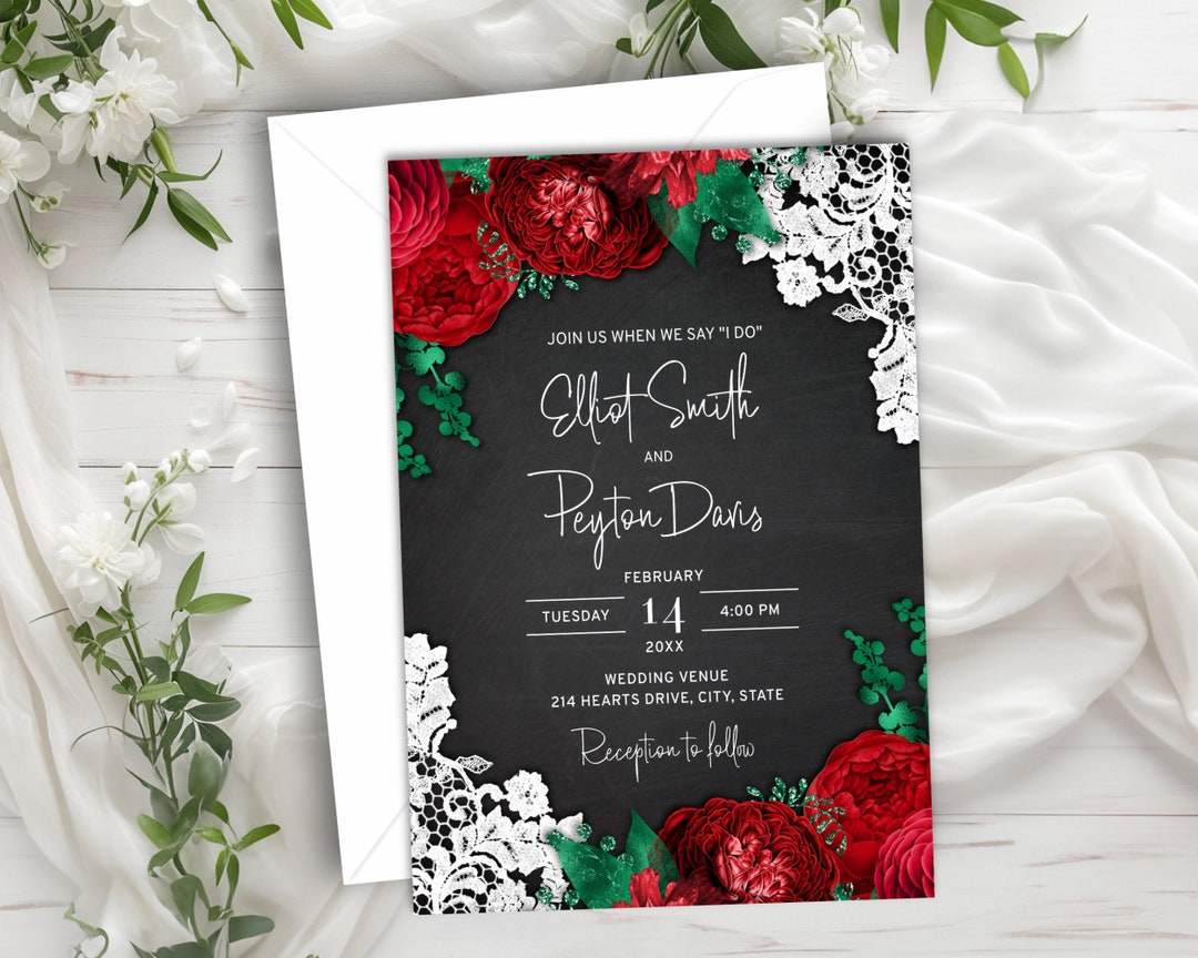 Black and Red Wedding Invitation Suite With Red Roses, White Lace, and ...