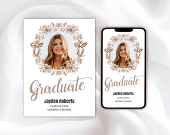 Champagne Graduation Invitation Template – Floral Toile Photo Announcement, Printable High School or College Grad Party Invite