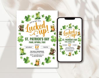 St. Patrick's Day Party Invitation Template, Let's Get Lucked Up - Food Drinks and Fun Invite, Printable and Digital Templates