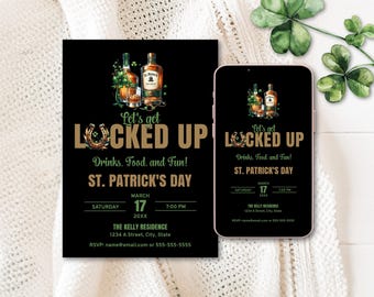 St. Patrick's Day Party Invitation Template, Let's Get Lucked Up - Food Drinks and Fun Invite, Black, Gold, and Green Printable and Digital