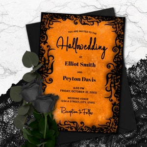 Halloween Wedding Invitation Suite, Orange and Black Wedding Invite with Ornate Black Frame over a Rustic Burnt Orange Background